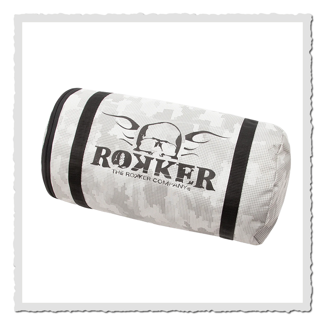 Transporttasche für Regenset, graues Camodesign mit schwarzem Aufdruck, seitlich fotografiert vor weißem Hintergrund.